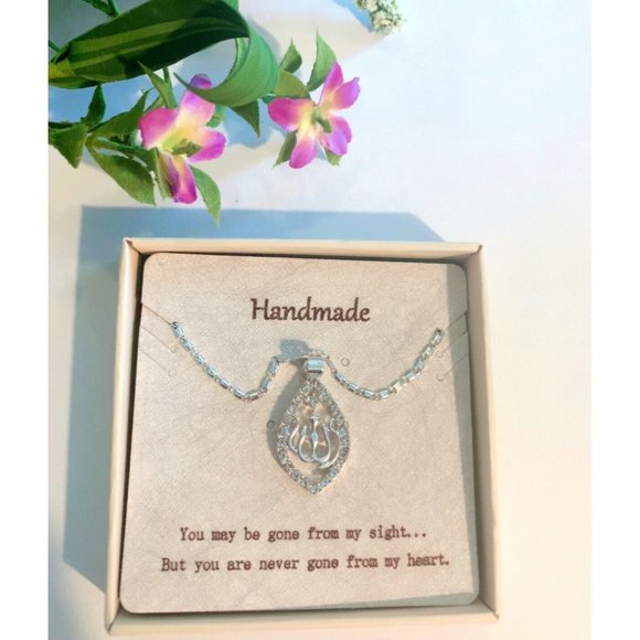 Handmade Rhinestone Silver-Tone Pendant Necklace Memory "You are Never G… - Picture 1 of 6